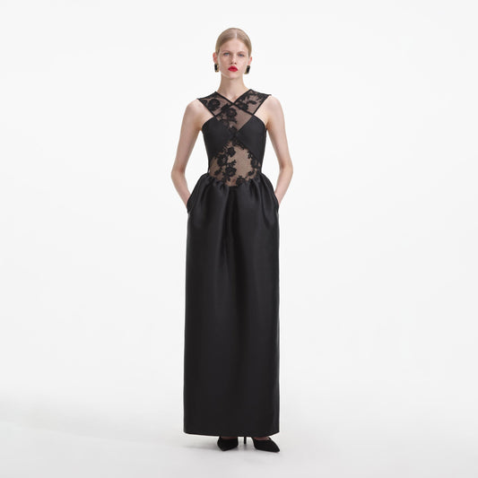 Self-Portrait - Lace-trim Taffeta Maxi Dress - Black