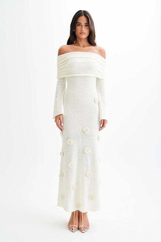 Meshki - Kiki Off Shoulder Knit Rose Maxi Dress - Ivory