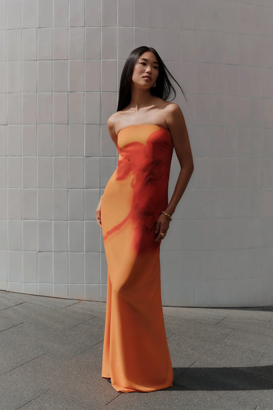 Meshki - Amaya Strapless Chiffon Maxi Dress - Koi Orchid Print