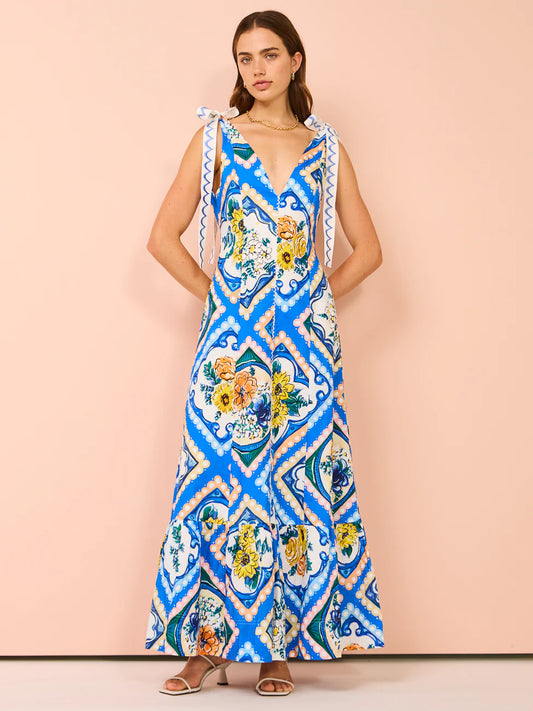 By Nicola - Adoncia Tie Shoulder Maxi Dress in Azure Floral