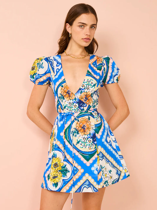 By Nicola - Havana Wrap Mini Dress in Azure Floral