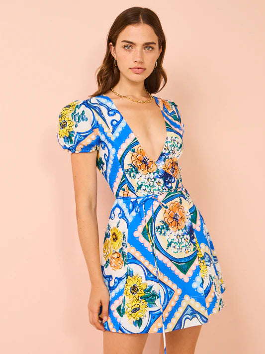 By Nicola - Havana Wrap Mini Dress in Azure Floral