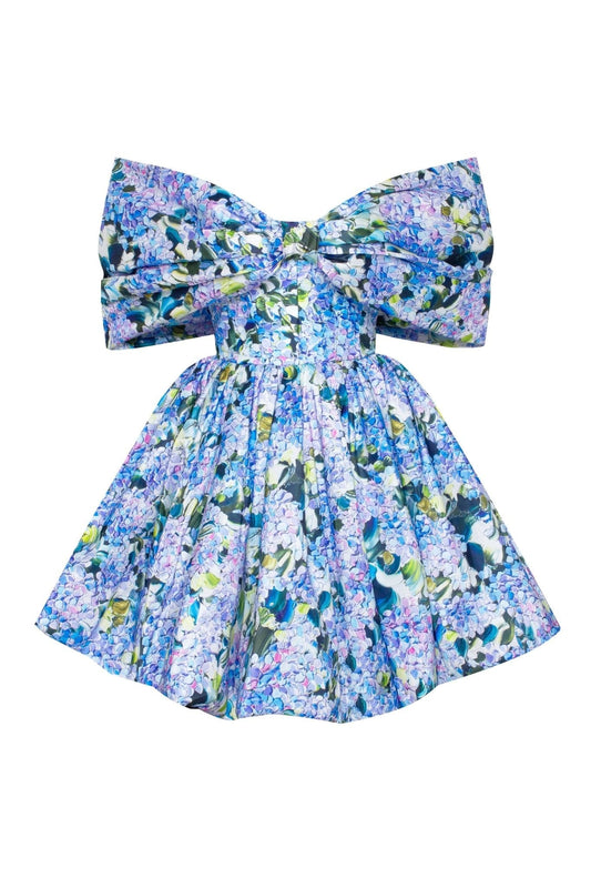 Milla - Blue Hydrangea bow Mini Dress